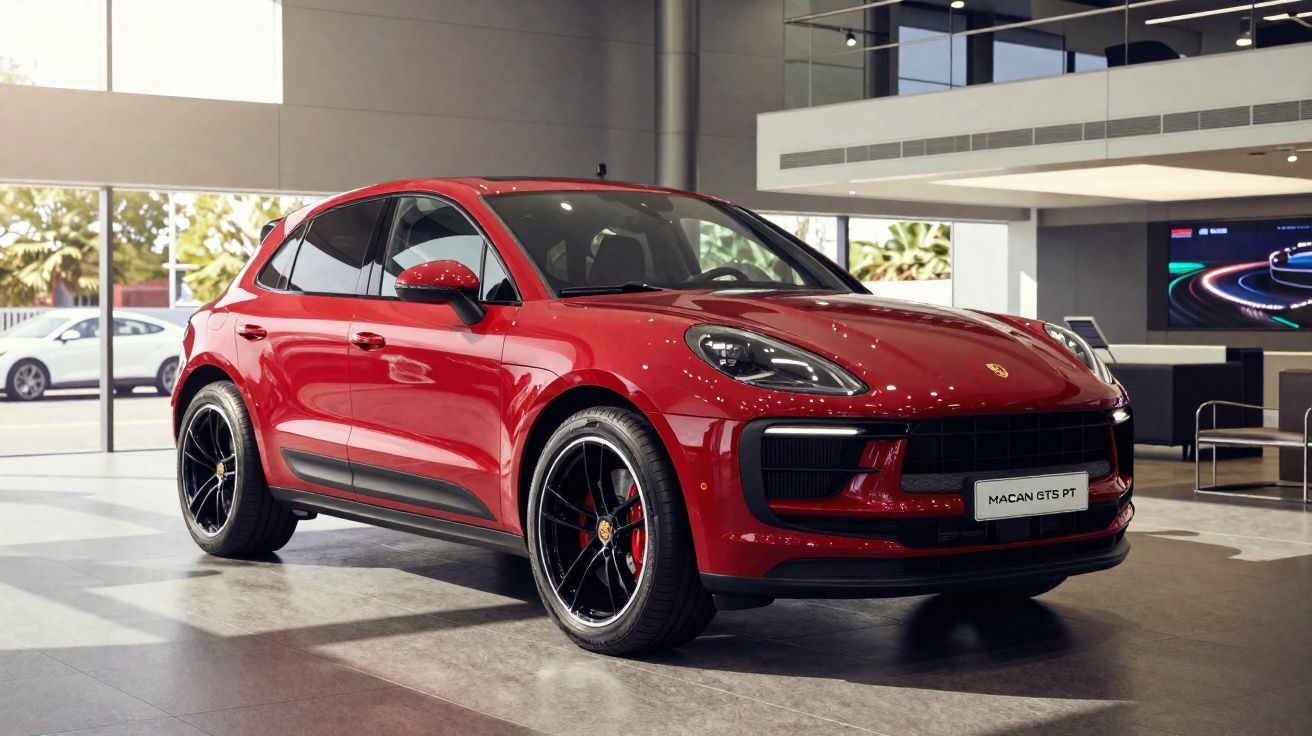 Carro esportivo Porsche Macan GTS vermelho exposto em showroom moderno e iluminado.