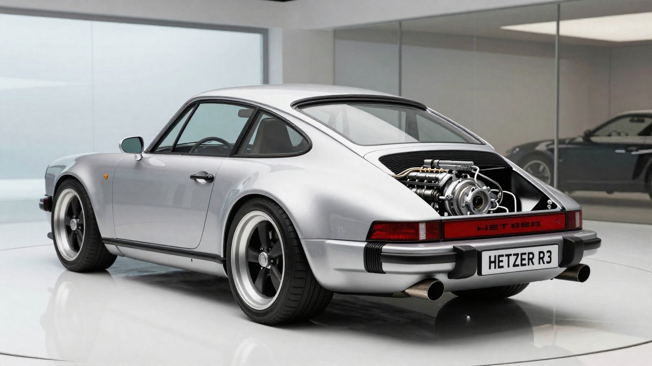 Carro esportivo prata estacionado em ambiente interno com motor exposto na traseira e placa "HETZER R3"