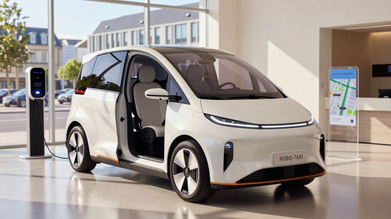 Carro autônomo branco com porta lateral aberta conectado a estação de recarga em showroom moderno.