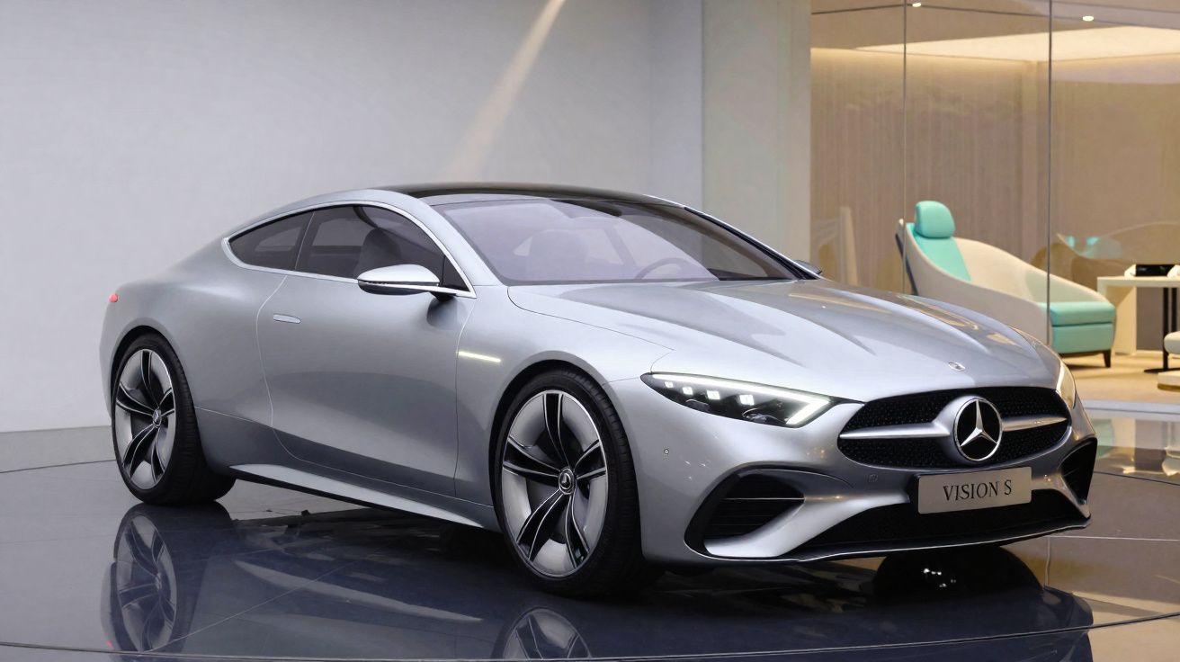 Carro esportivo Mercedes-Benz cinza metálico exibido em ambiente moderno com poltrona e vidro ao fundo.