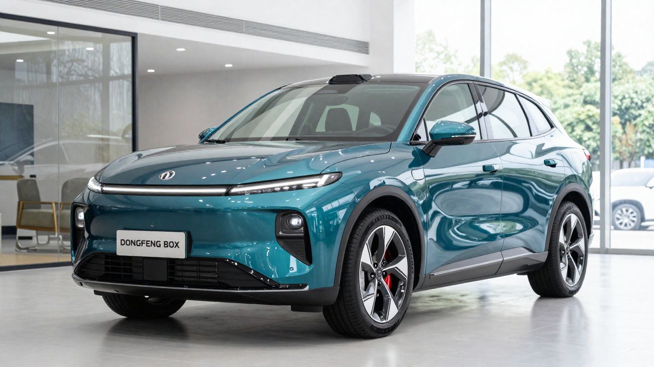 Carro SUV elétrico azul verde Dongfeng Box em showroom moderno com piso branco e vidros grandes.