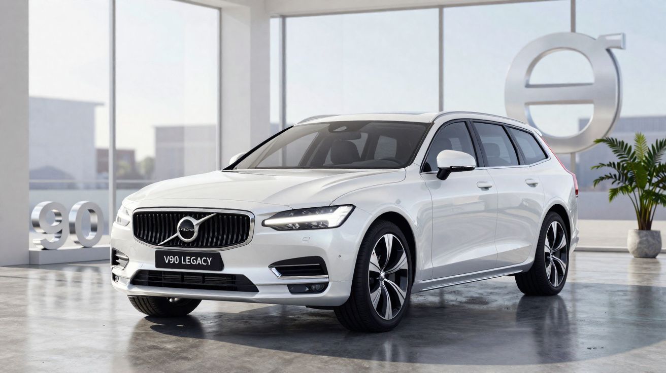 Carro Volvo V90 Legacy branco estacionado em ambiente interno moderno com janelas amplas e plantas.
