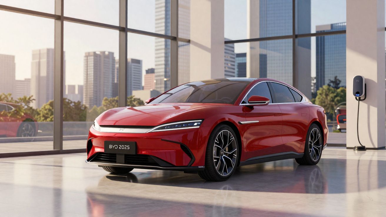 Carro elétrico vermelho BYD 2025 estacionado em garagem com janelas grandes e estação de recarga.