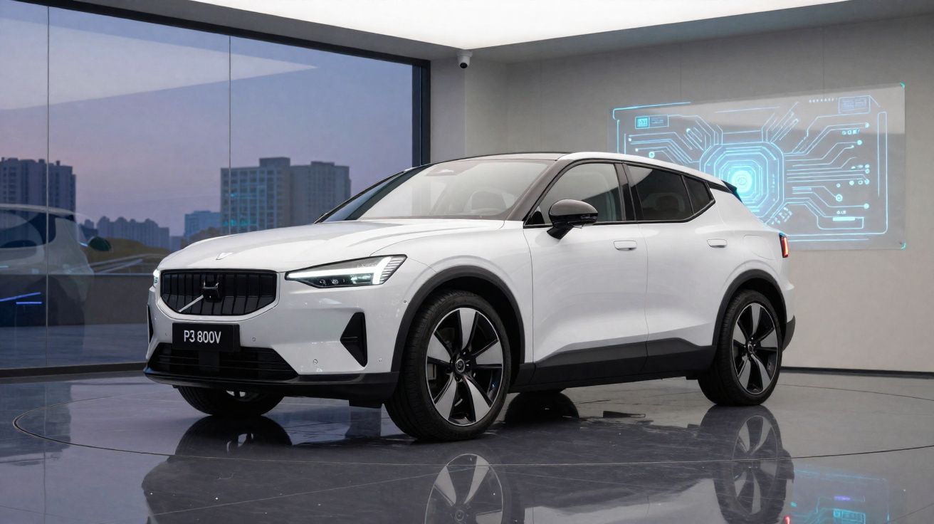 Carro elétrico branco Volvo Polestar 2 P3 800V em exposição com display digital futurista ao fundo.