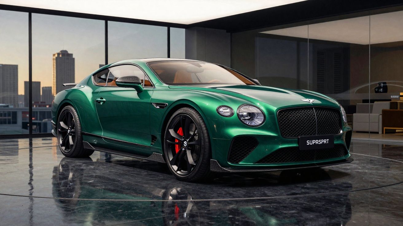 Carro esportivo verde Bentley Continental GT estacionado em ambiente moderno com piso brilhante e janelas amplas.