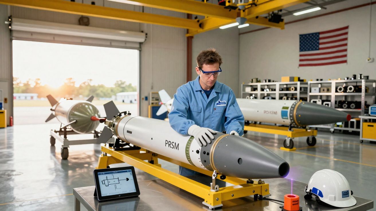 Homem com jaleco azul inspeciona míssil PRSM em laboratório com bandeira dos EUA ao fundo.