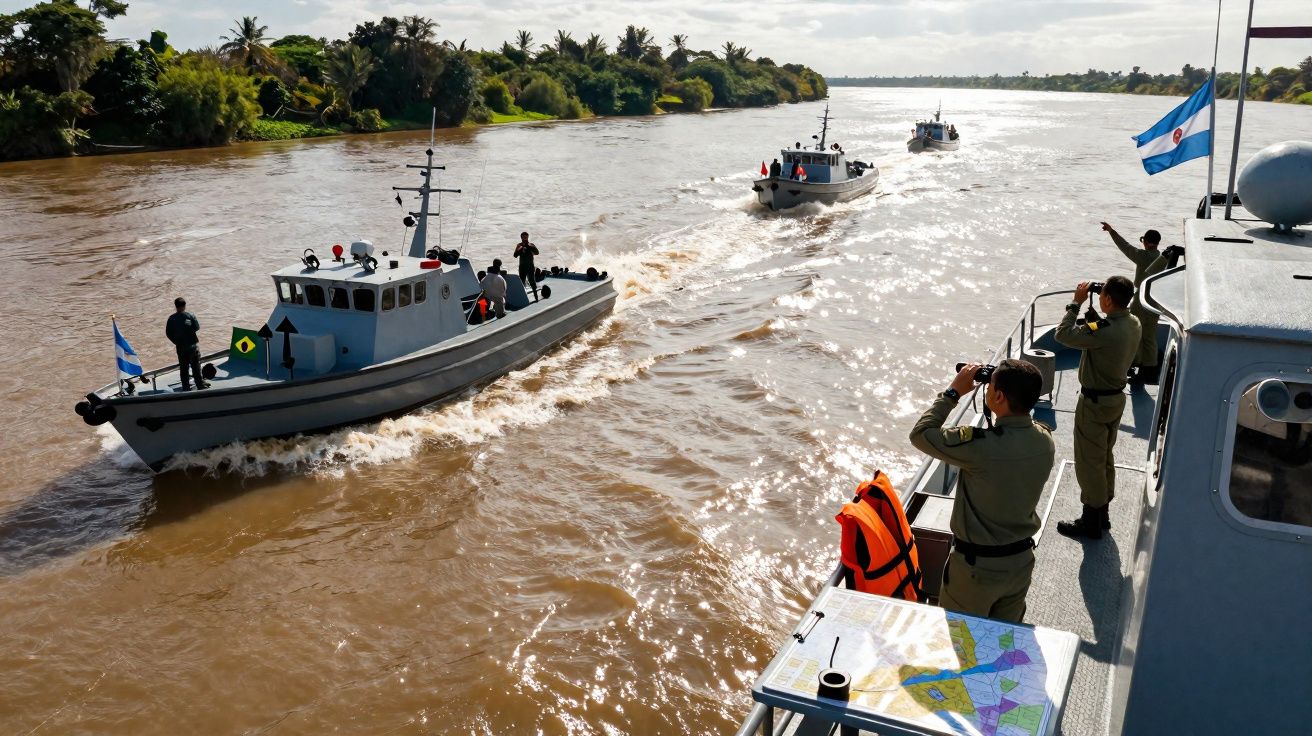 Barcos militares navegando em rio com pessoas usando uniforme observando da embarcação à direita.