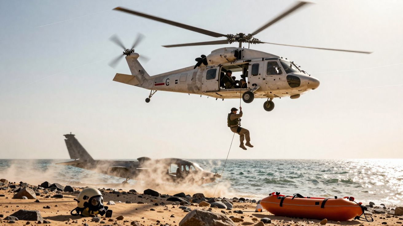Helicóptero de resgate suspenso na praia com pessoa descendo por corda e barco inflável na areia.