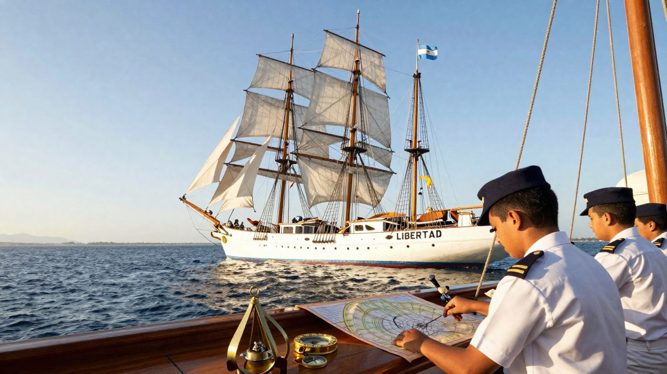 Marinheiros em uniforme com mapa e bússola em barco olhando para navio de vela branco chamado Libertad.