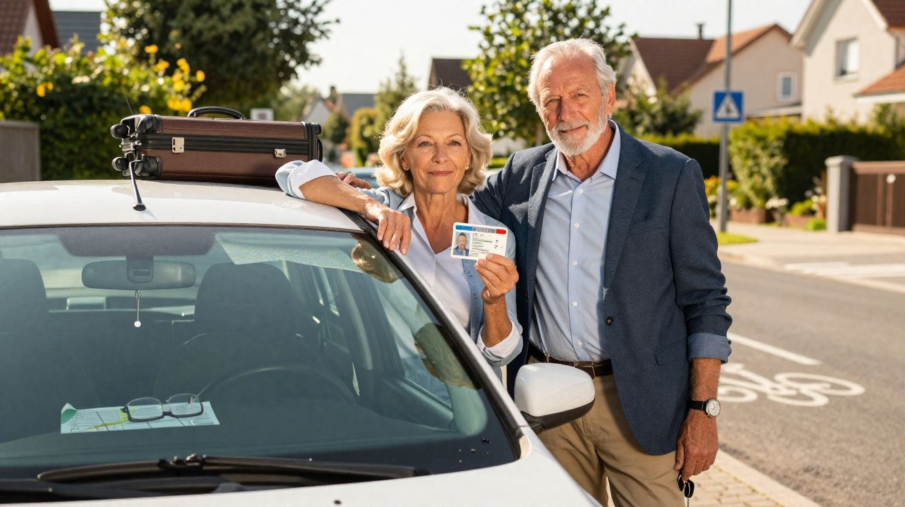 Casal idoso ao lado de carro branco com mala no teto, mulher segurando carteira de motorista na rua residencial.