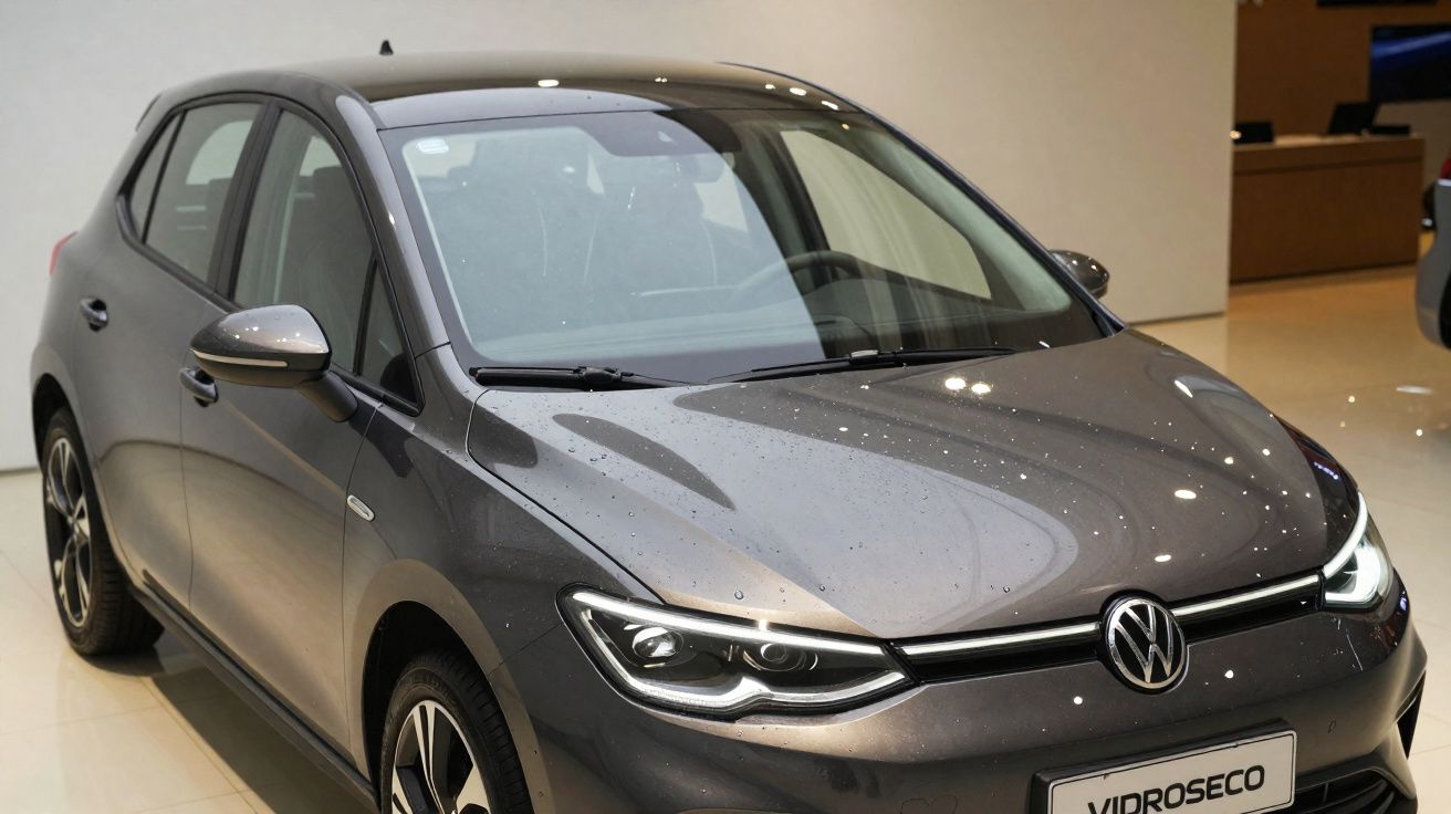 Carro cinza escuro Volkswagen com design moderno em exposição interna, com luzes refletidas na lataria.