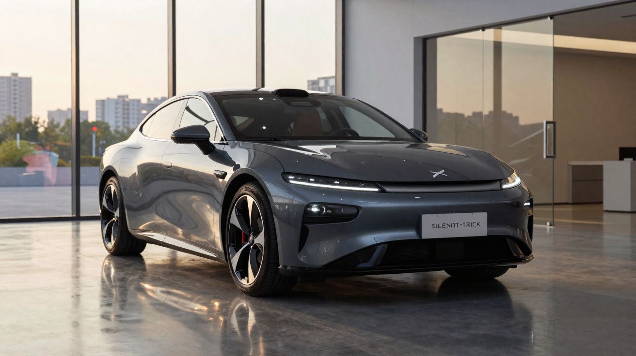 Carro elétrico cinza escuro estacionado em ambiente interno moderno com paredes de vidro.