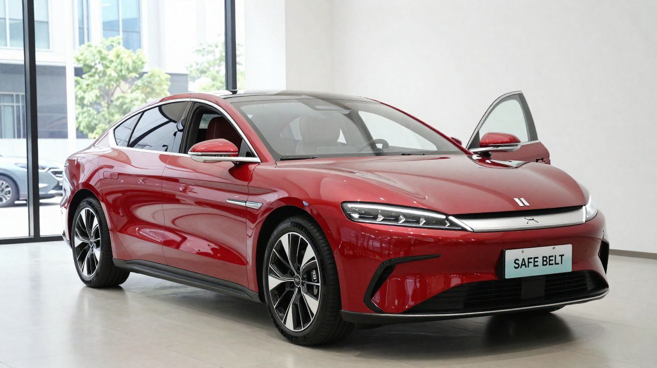 Carro elétrico sedan vermelho em exibição interna com porta dianteira aberta e placa "SAFE BELT".