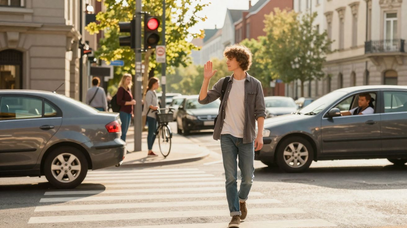 Jovem cruzando a rua na faixa de pedestres com sinal vermelho para os carros em cidade ensolarada.