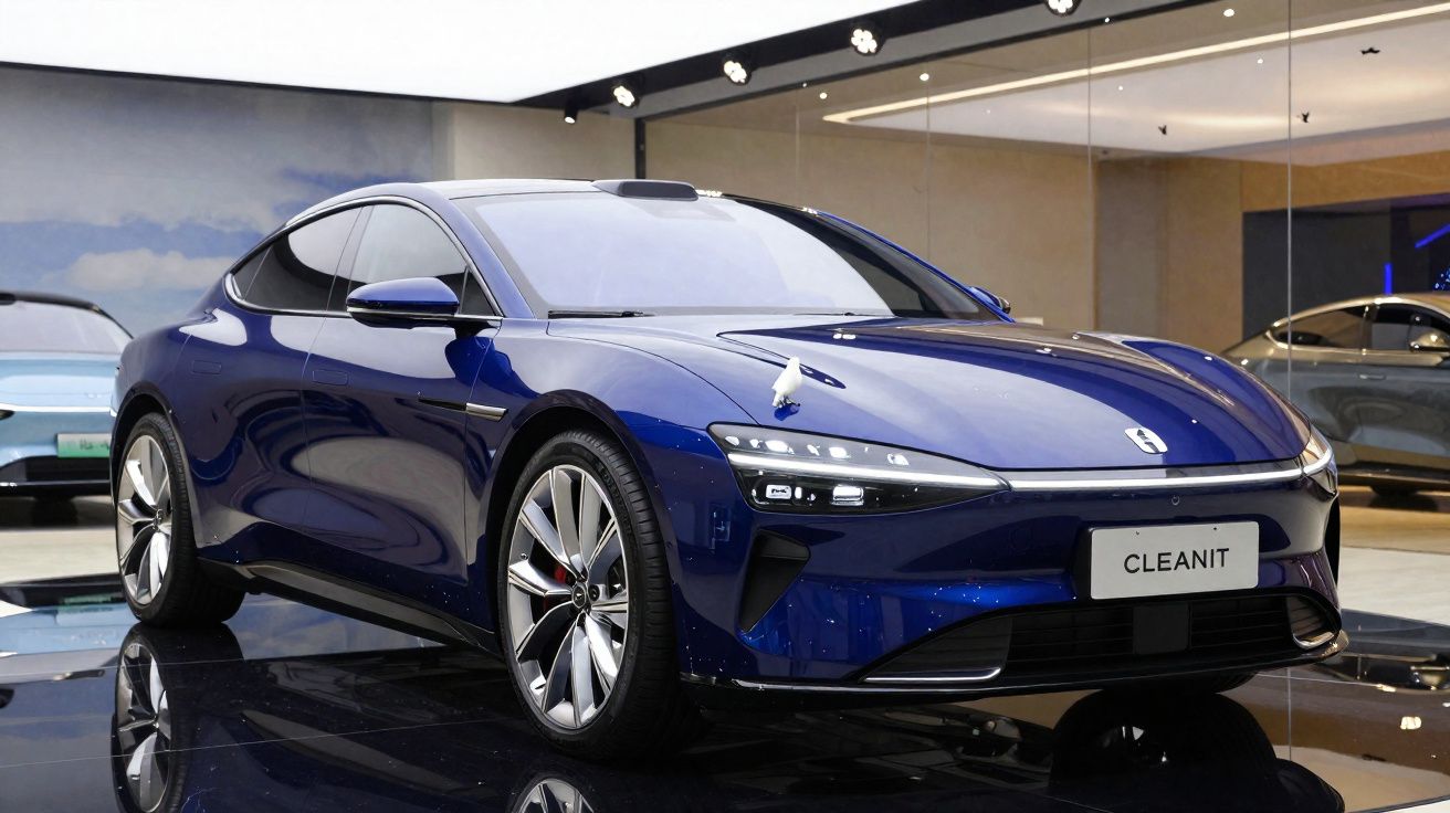 Carro elétrico esportivo azul em exposição com design moderno e placa dianteira escrito CLEANIT.