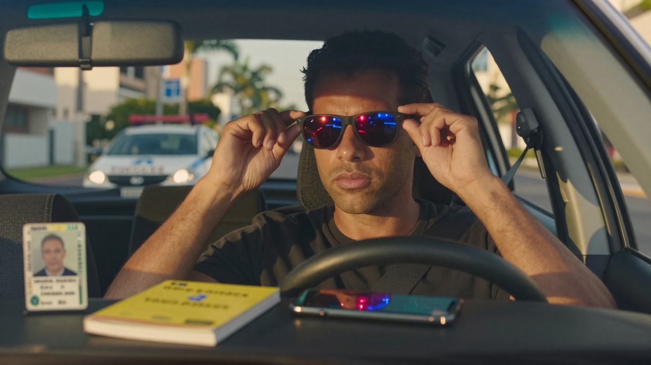 Homem de camisa preta ajusta óculos escuros dentro de carro com viatura policial ao fundo.