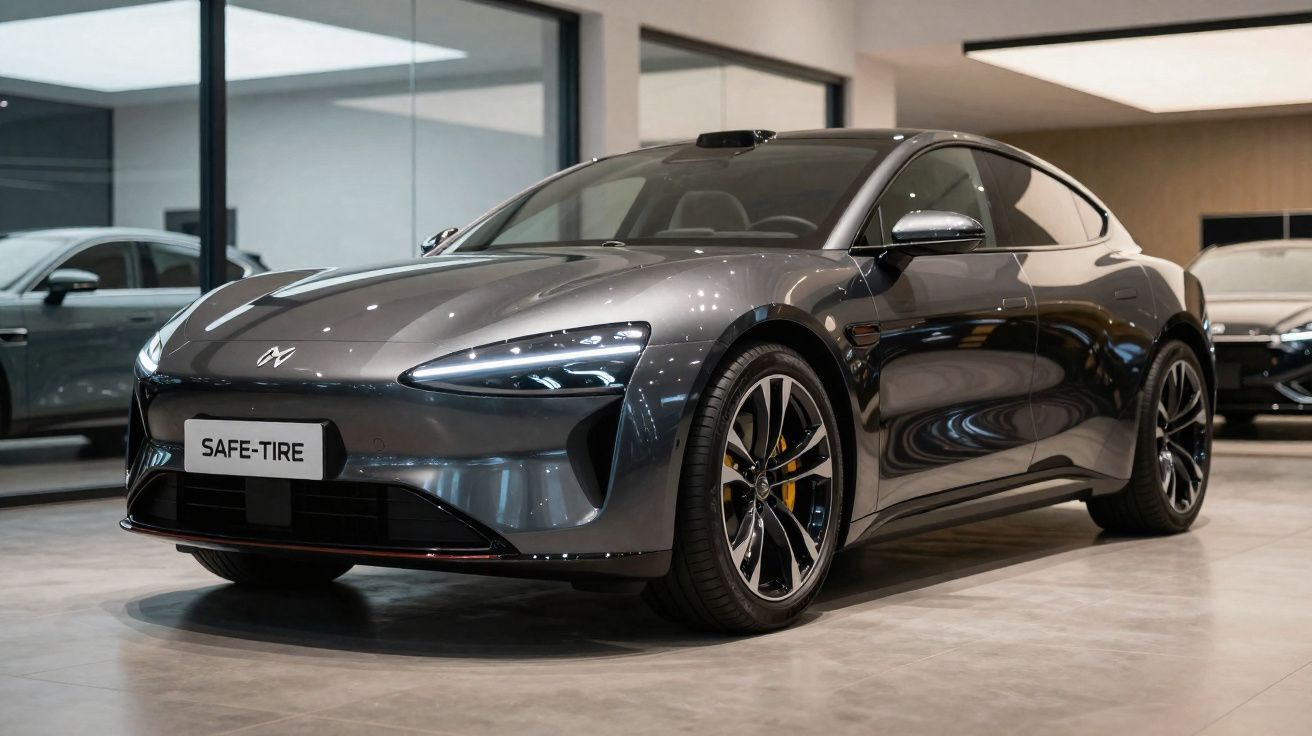 Carro esportivo elétrico cinza escuro estacionado em showroom moderno e bem iluminado.