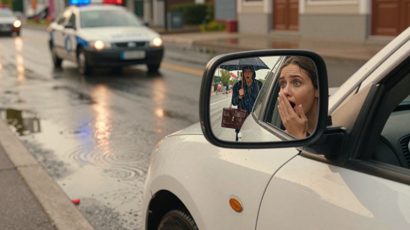 Mulher assustada olhando pelo retrovisor enquanto policial se aproxima na rua molhada pela chuva.