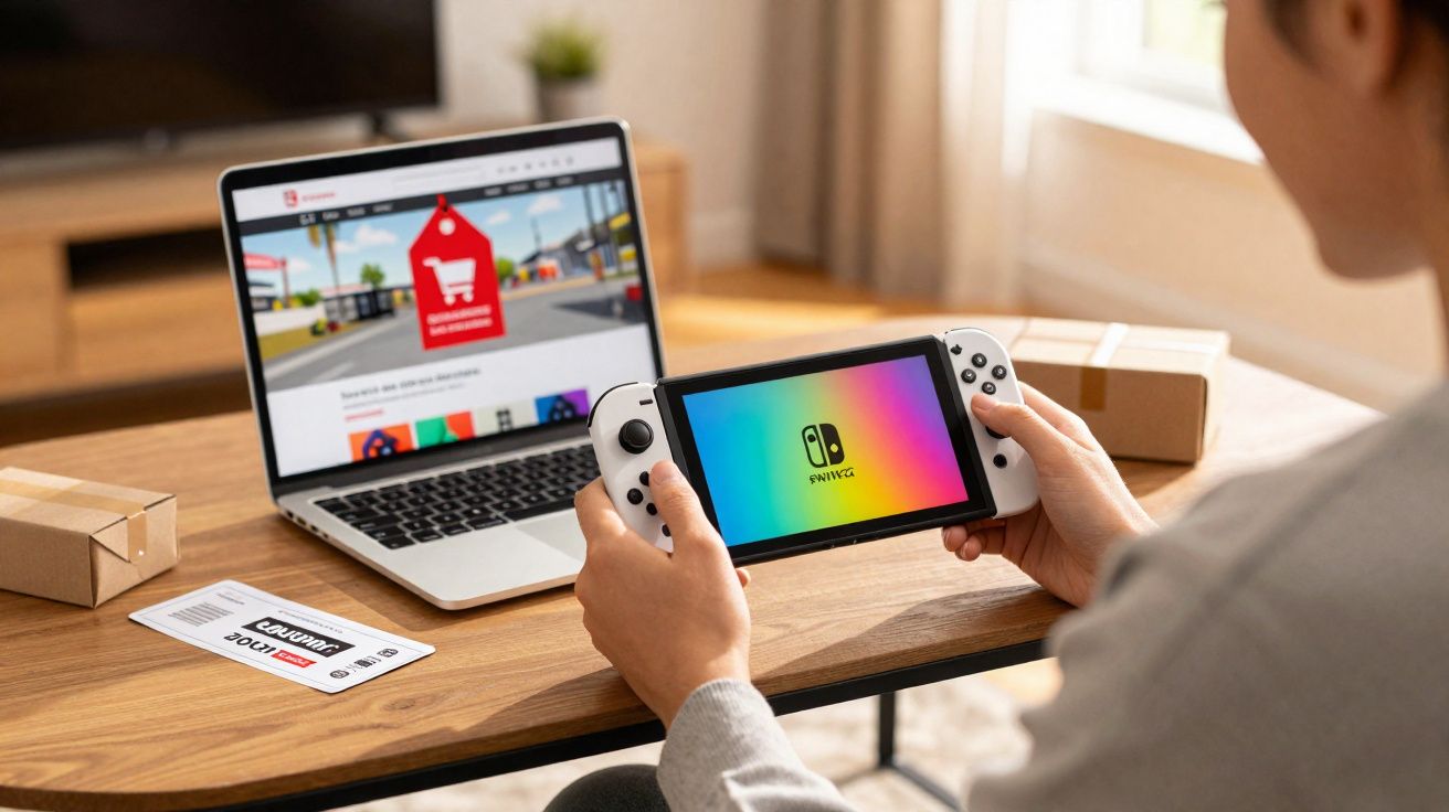 Pessoa segurando console Nintendo Switch com laptop mostrando site de compras online na mesa.