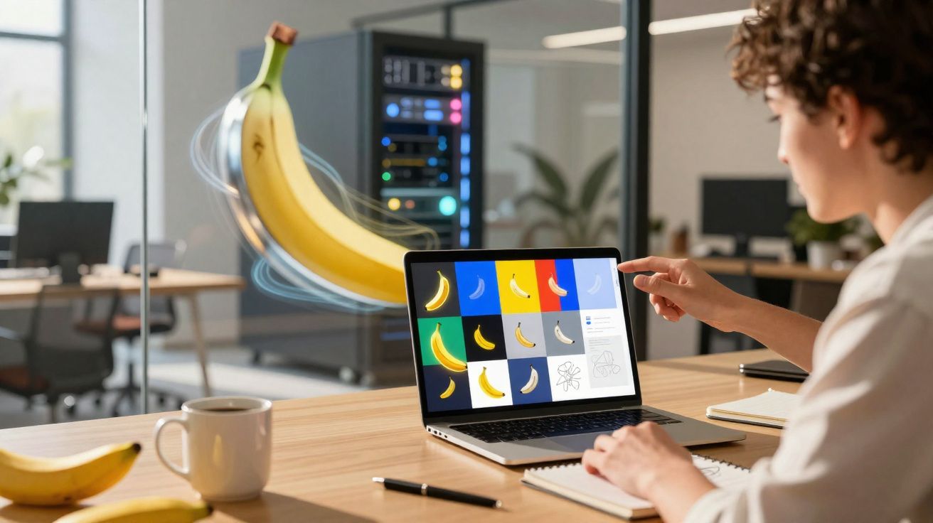Pessoa desenha imagens digitais de bananas em computador em escritório moderno com bananas reais na mesa.