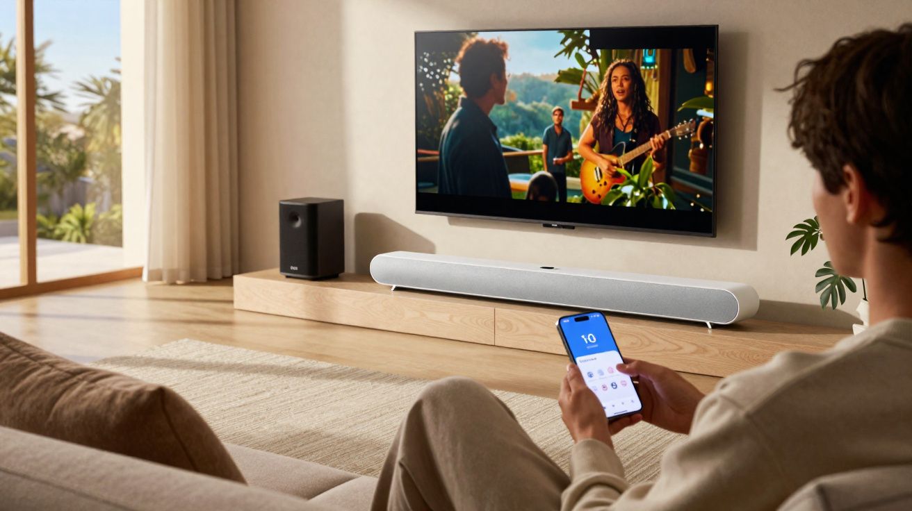 Pessoa sentada em sofá controlando sistema de som com celular enquanto assiste TV em sala iluminada.