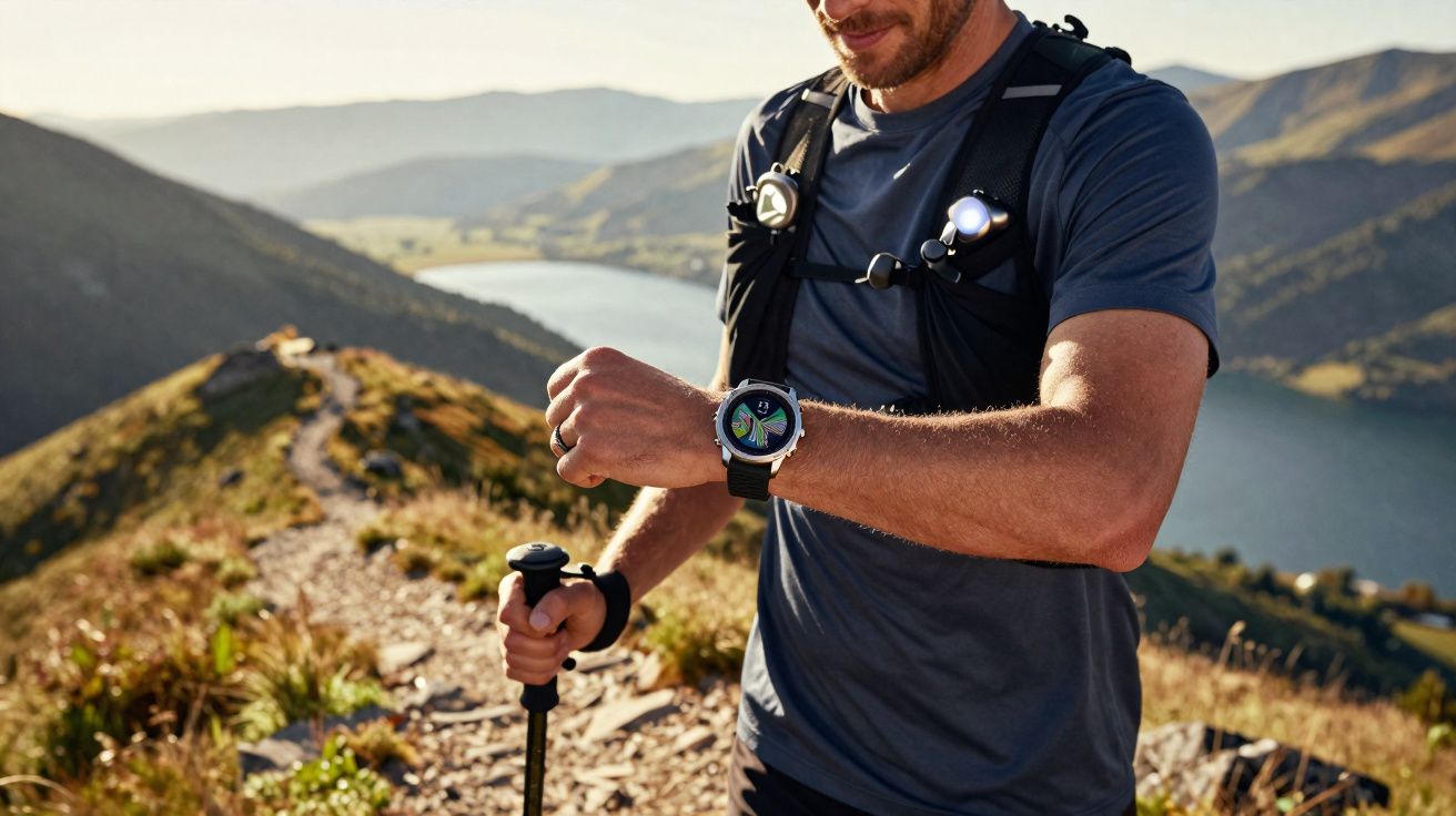 Homem verificando smartwatch durante trilha em montanha com lago ao fundo em dia ensolarado.