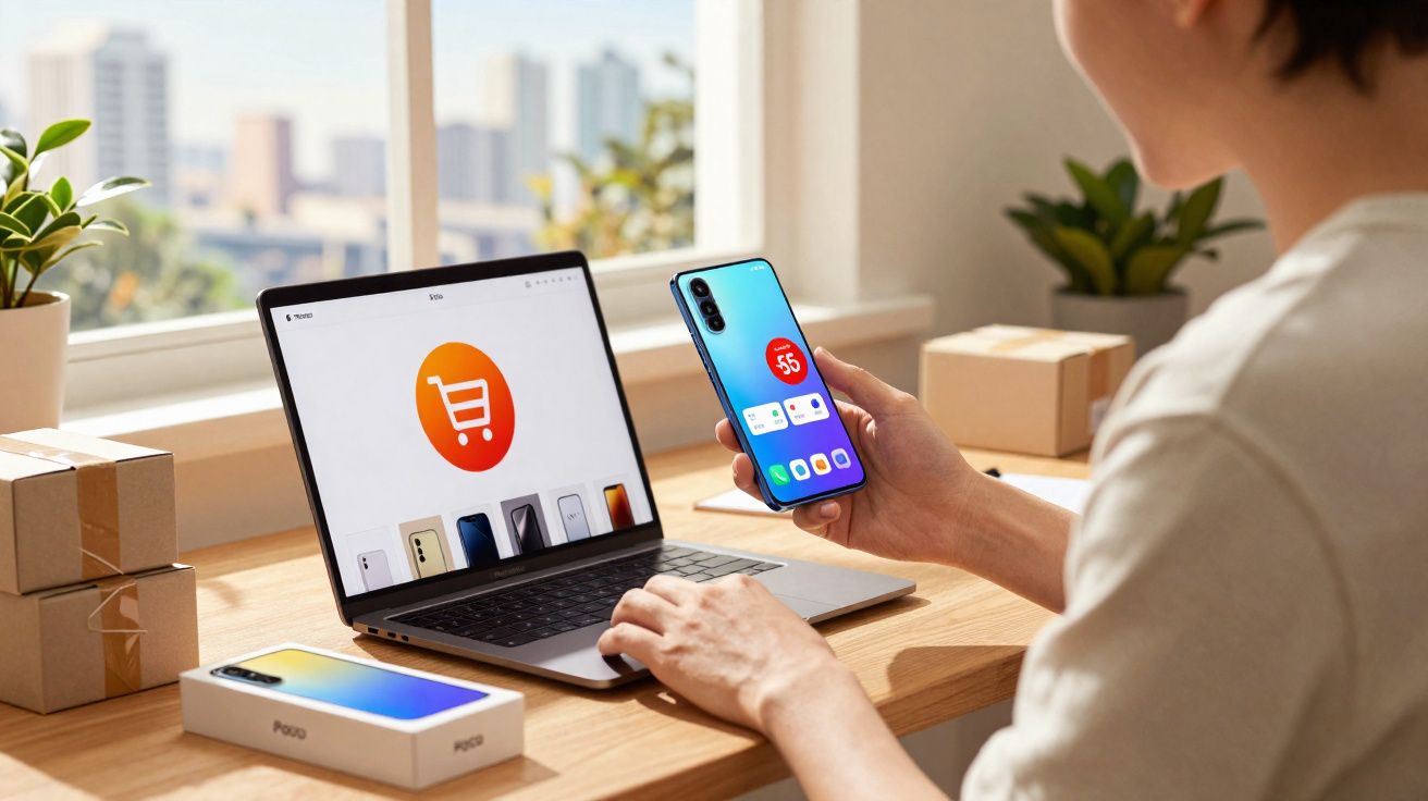 Pessoa segurando smartphone com desconto em frente a laptop com site de compras online aberto.