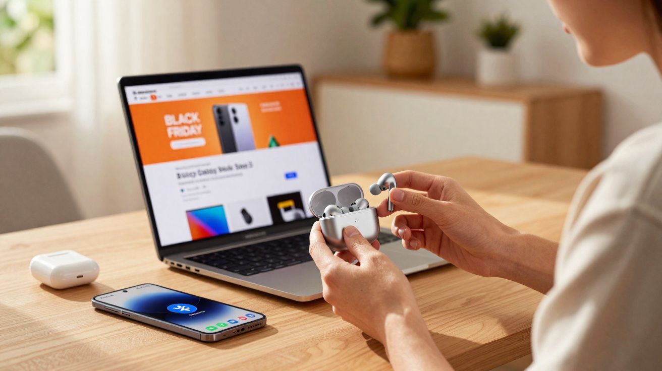 Pessoa segurando fone de ouvido sem fio com laptop e celular em mesa de madeira clara.