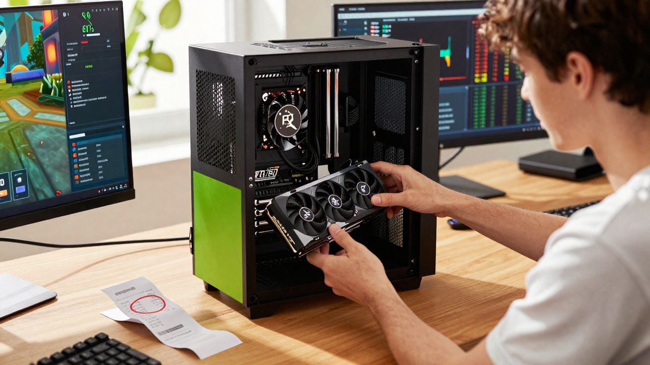 Jovem instala placa de vídeo em gabinete de computador em mesa com dois monitores ligados.