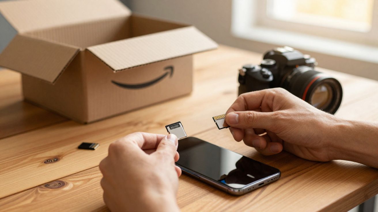 Mãos segurando dois cartões de memória ao lado de celular, câmera fotográfica e caixa de papelão sobre mesa de madeira.