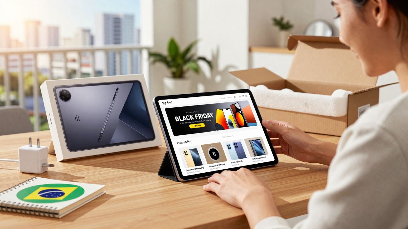 Pessoa usando tablet para comprar promoções de Black Friday em mesa com embalagem e bloco com bandeira do Brasil.