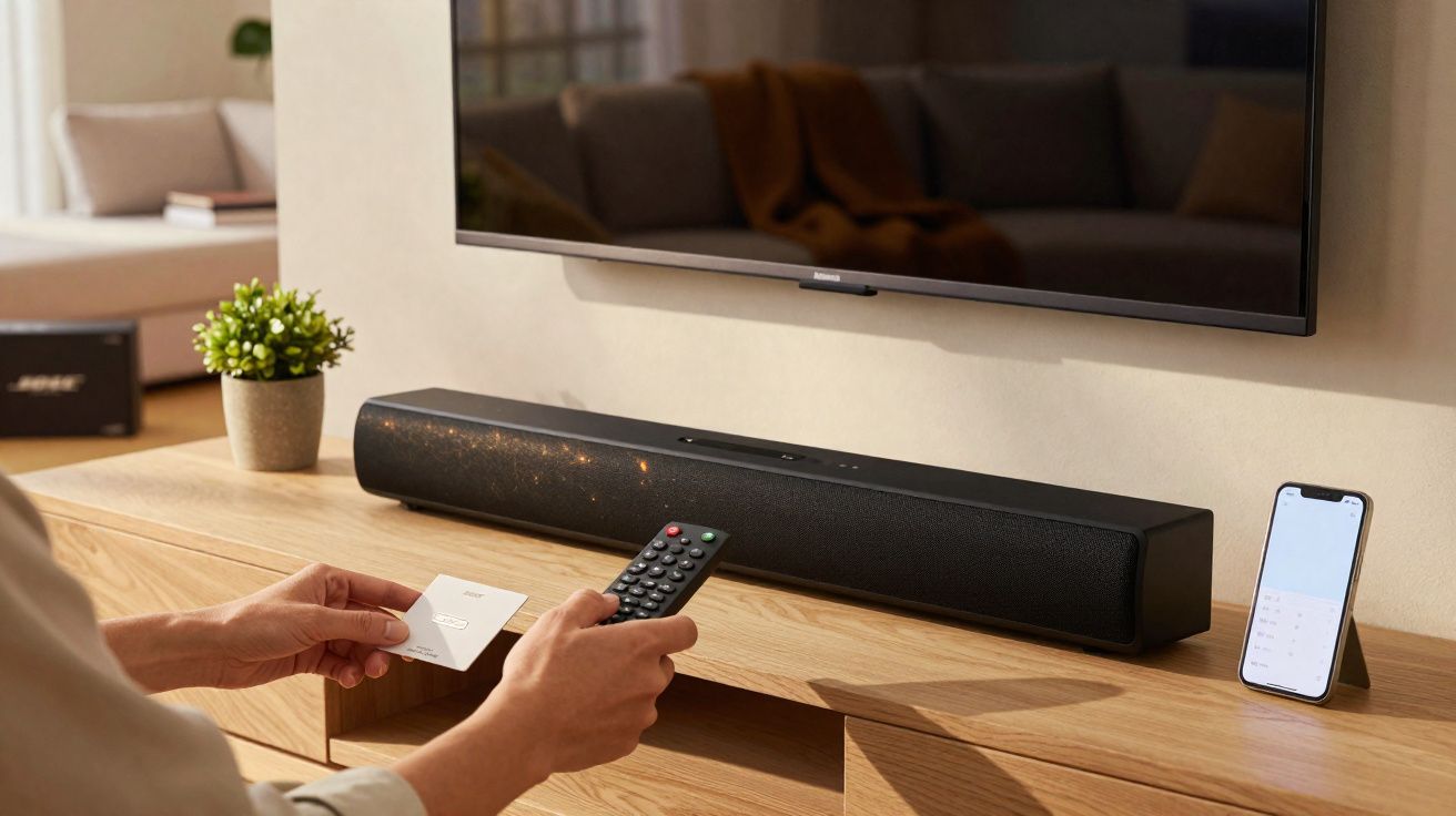 Pessoa controlando soundbar com controle remoto e cartão, TV e celular sobre rack de madeira claro.