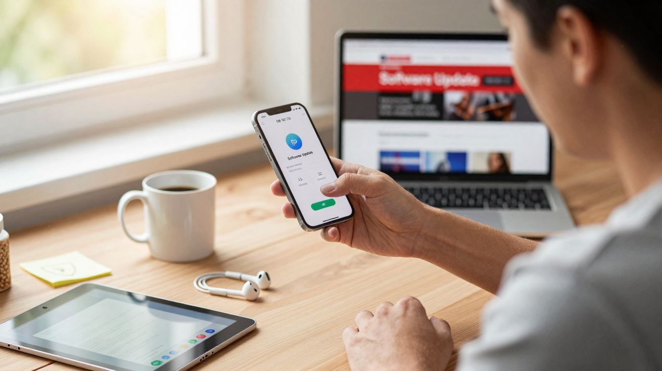Pessoa segurando celular com tela de atualização de software em mesa com tablet, notebook, fone e caneca de café.
