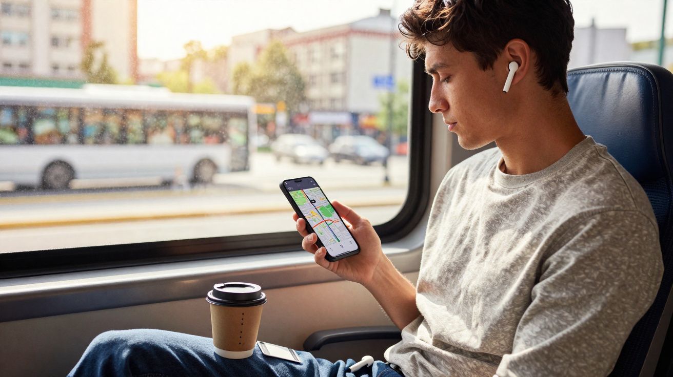 Jovem usando fones sem fio verifica mapa no celular sentado no transporte público com café e máscara ao lado.