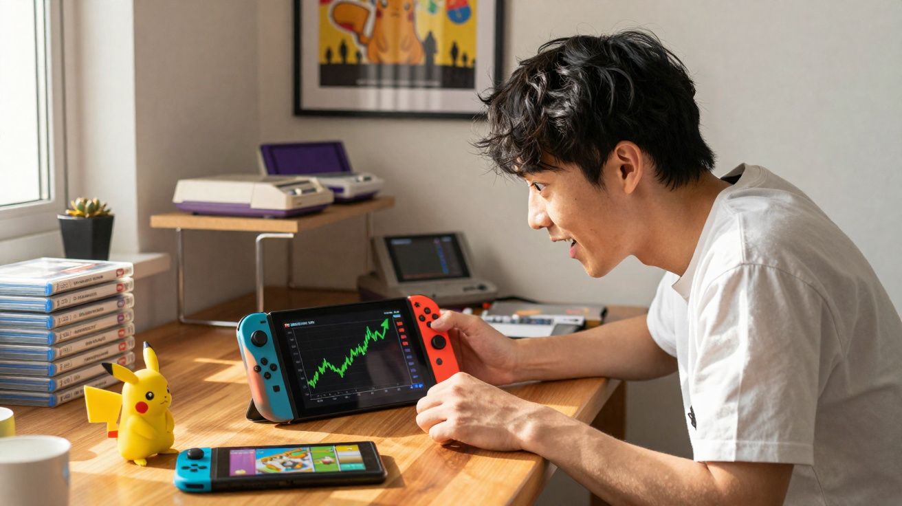 Jovem sorridente jogando videogame com controle azul e vermelho em mesa com miniaturas e jogos.