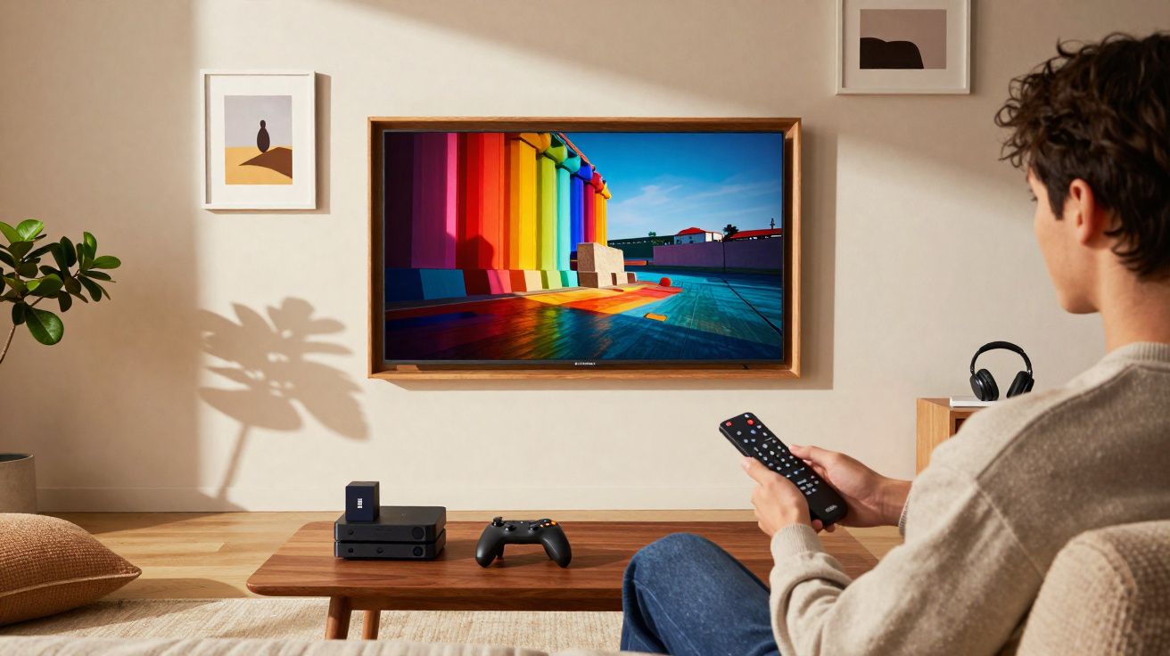 Pessoa assistindo TV com controle remoto, mesa com videogame e videogameiro em sala clara e decorada.