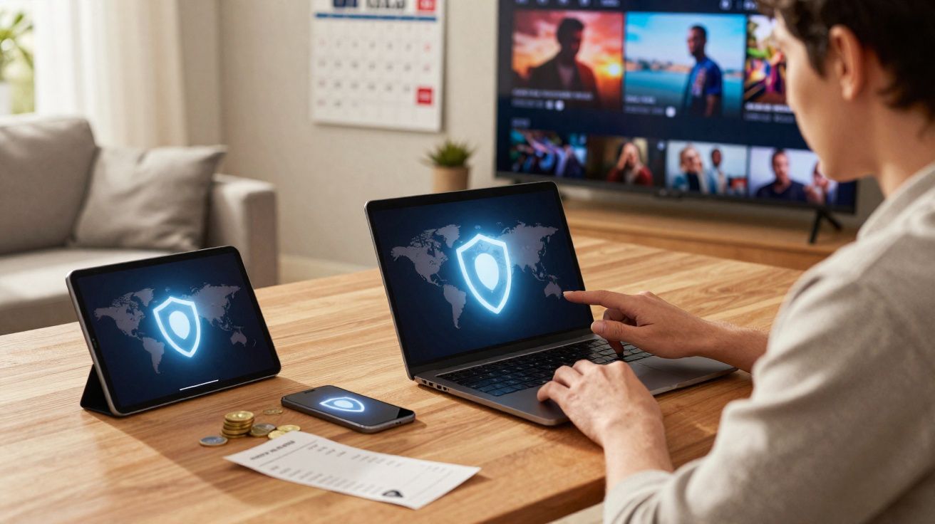 Pessoa usando laptop com ícone de escudo de segurança na tela, ao lado de tablet e celular com o mesmo ícone.