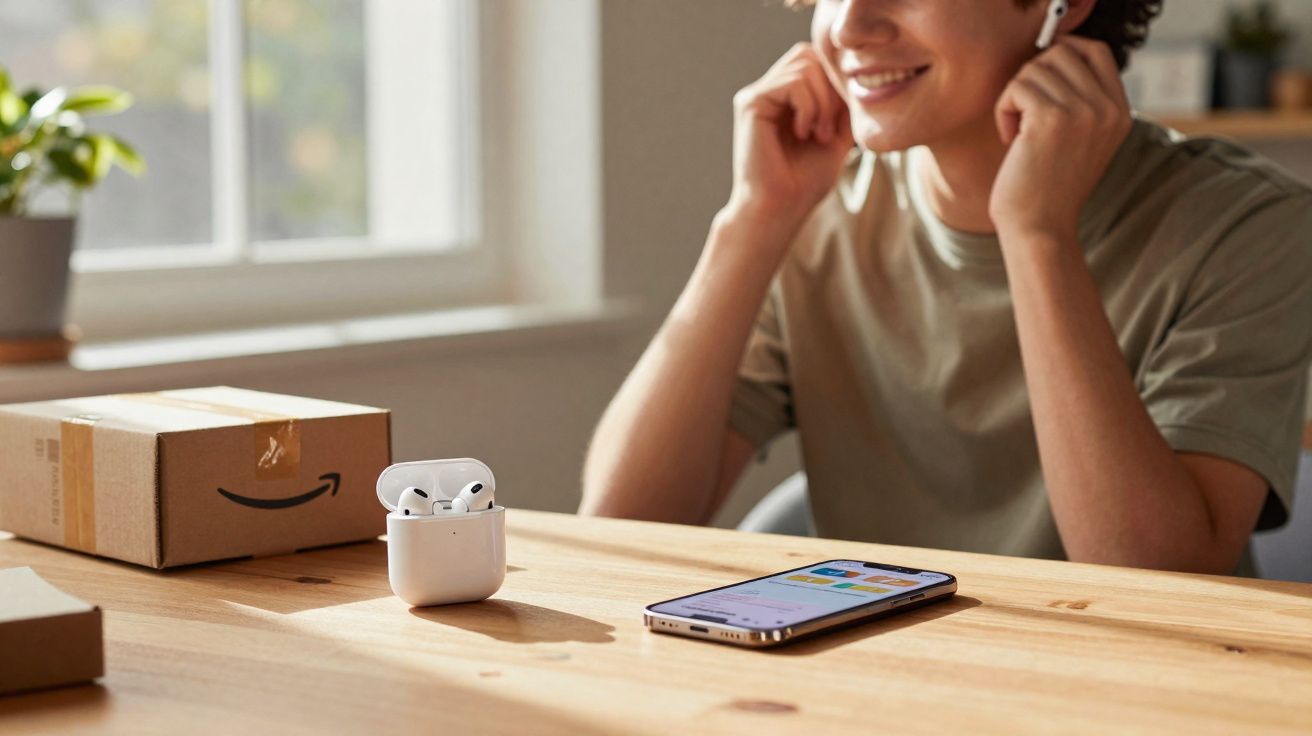 Pessoa sorrindo ajusta fone de ouvido sem fio, com smartphone e caixas na mesa de madeira.