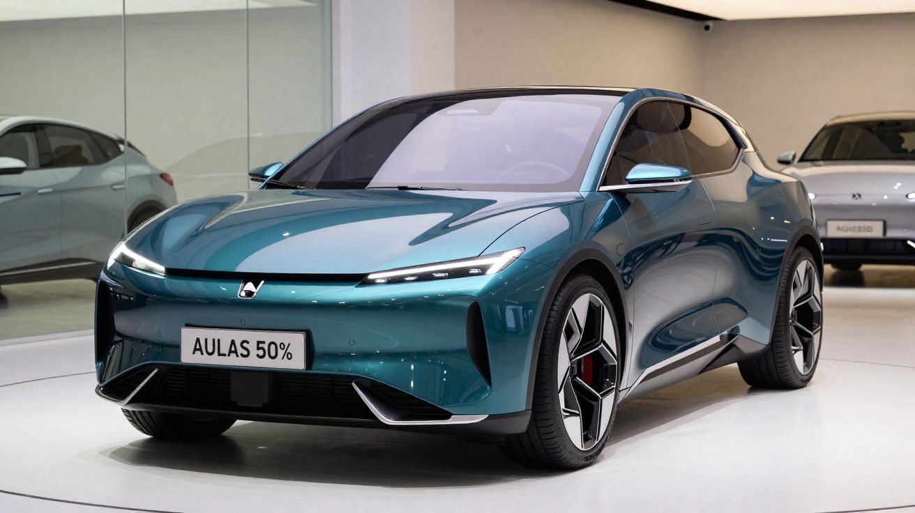 Carro elétrico azul moderno em exposição com design aerodinâmico e rodas esportivas.