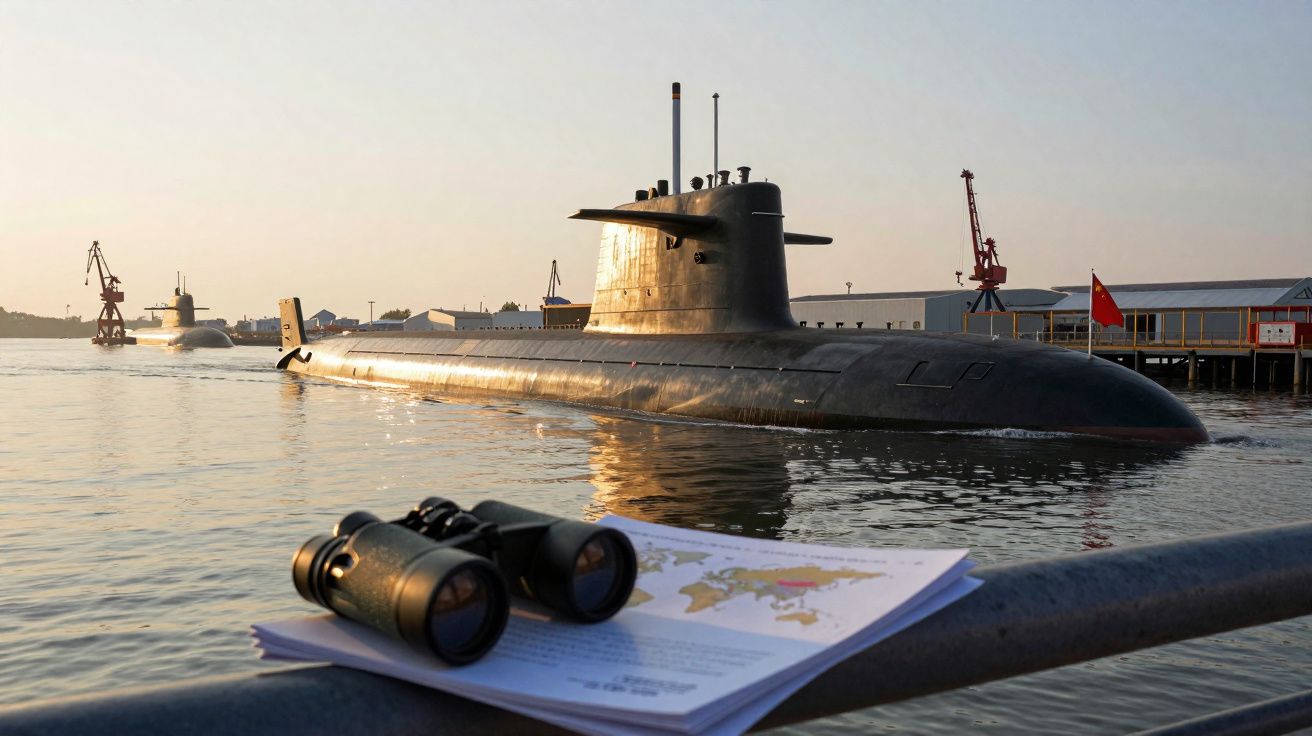 Dois submarinos ancorados em porto com binóculos e mapa em primeiro plano ao entardecer.