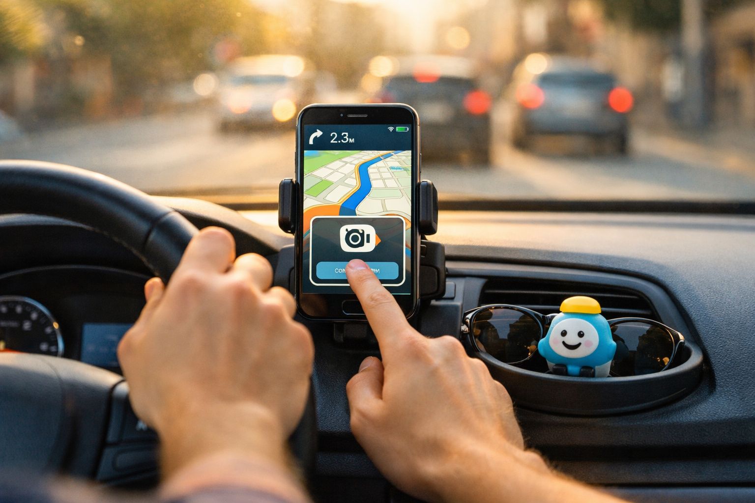 Pessoa usando aplicativo de navegação por GPS em celular com suporte dentro de carro em trânsito.