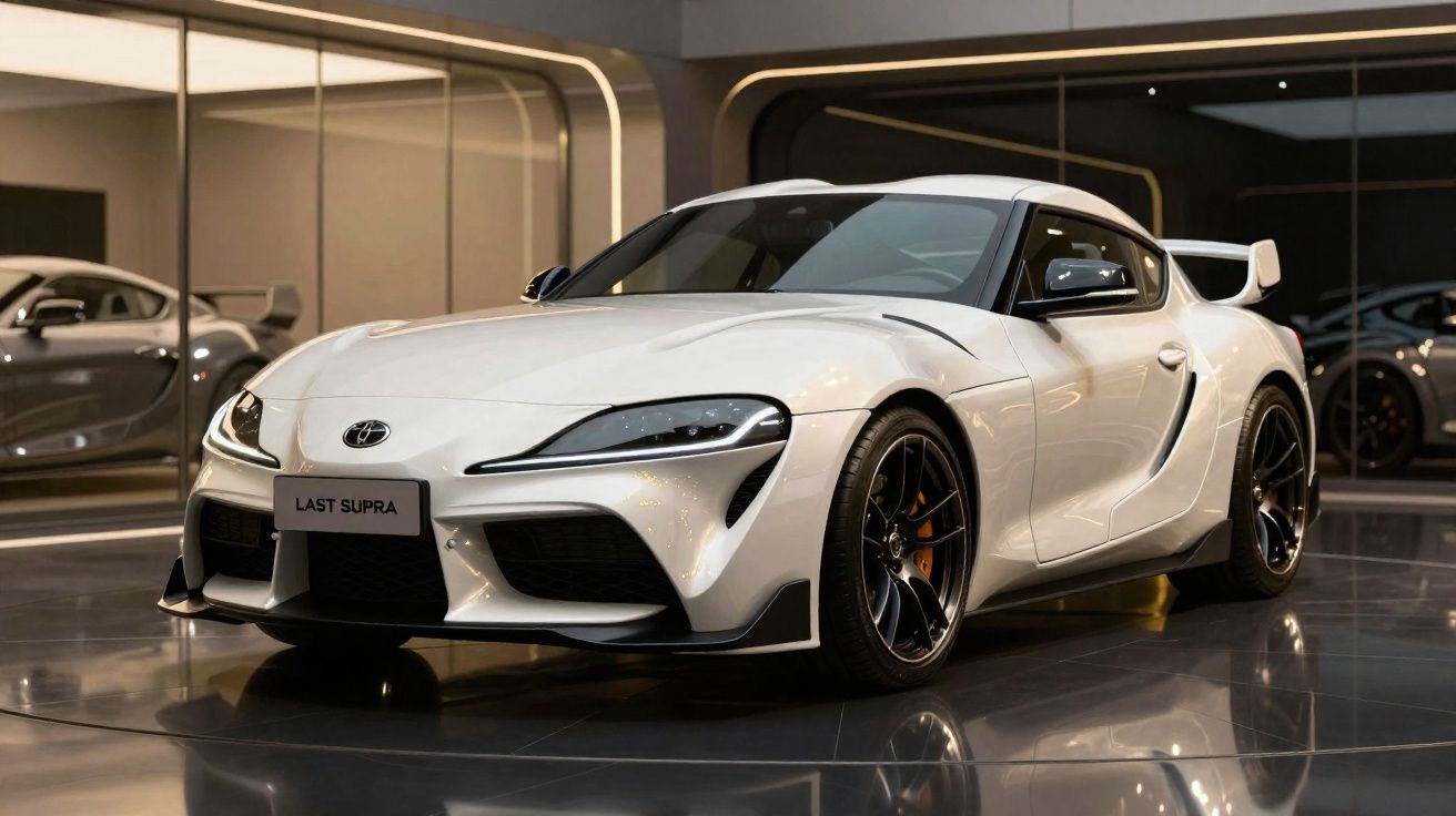 Carro esportivo Toyota Supra branco exibido em showroom com espelhos e iluminação moderna.