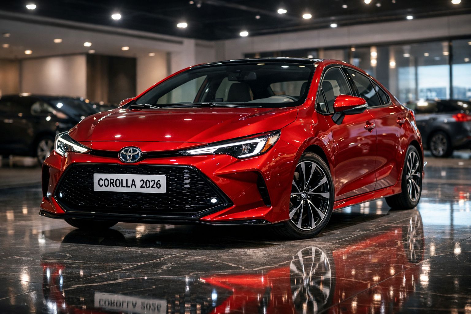 Carro Toyota Corolla 2026 vermelho exposto em showroom com piso de mármore refletindo o automóvel.