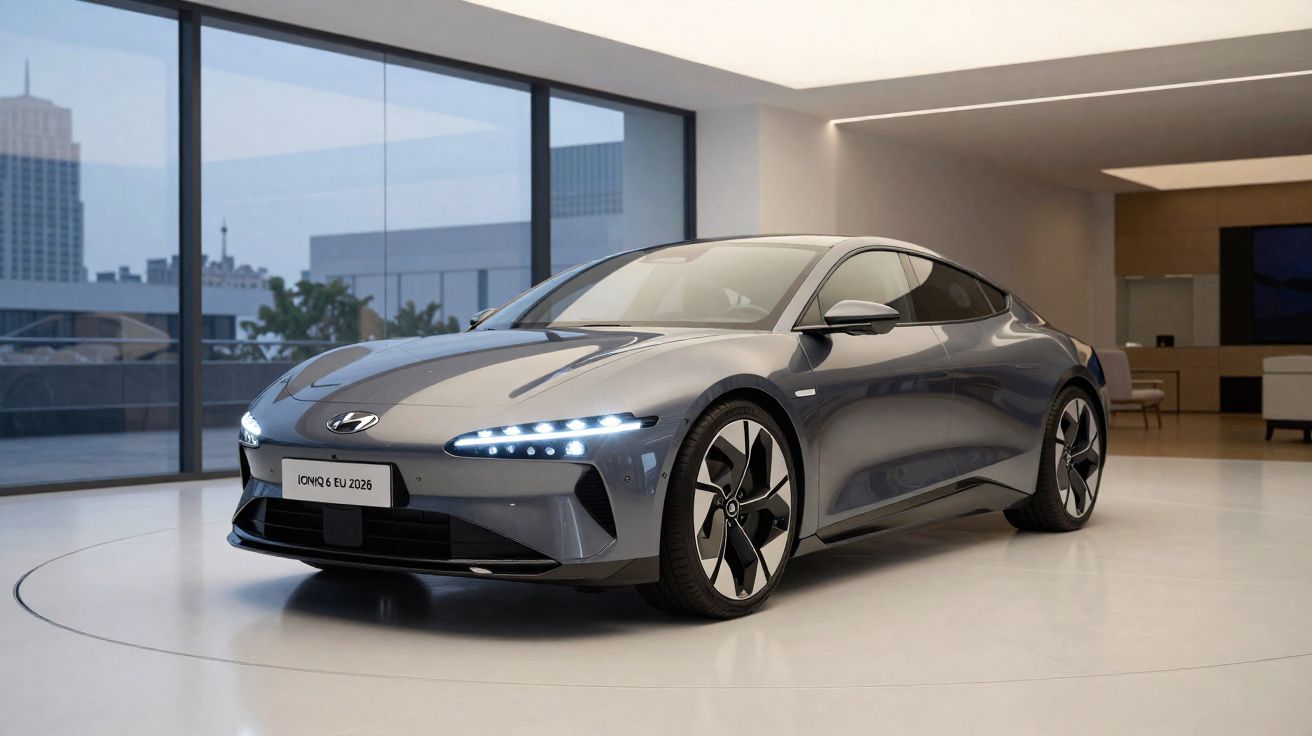 Carro elétrico cinza Hyundai Ioniq 6 em ambiente interno moderno com iluminação branca.