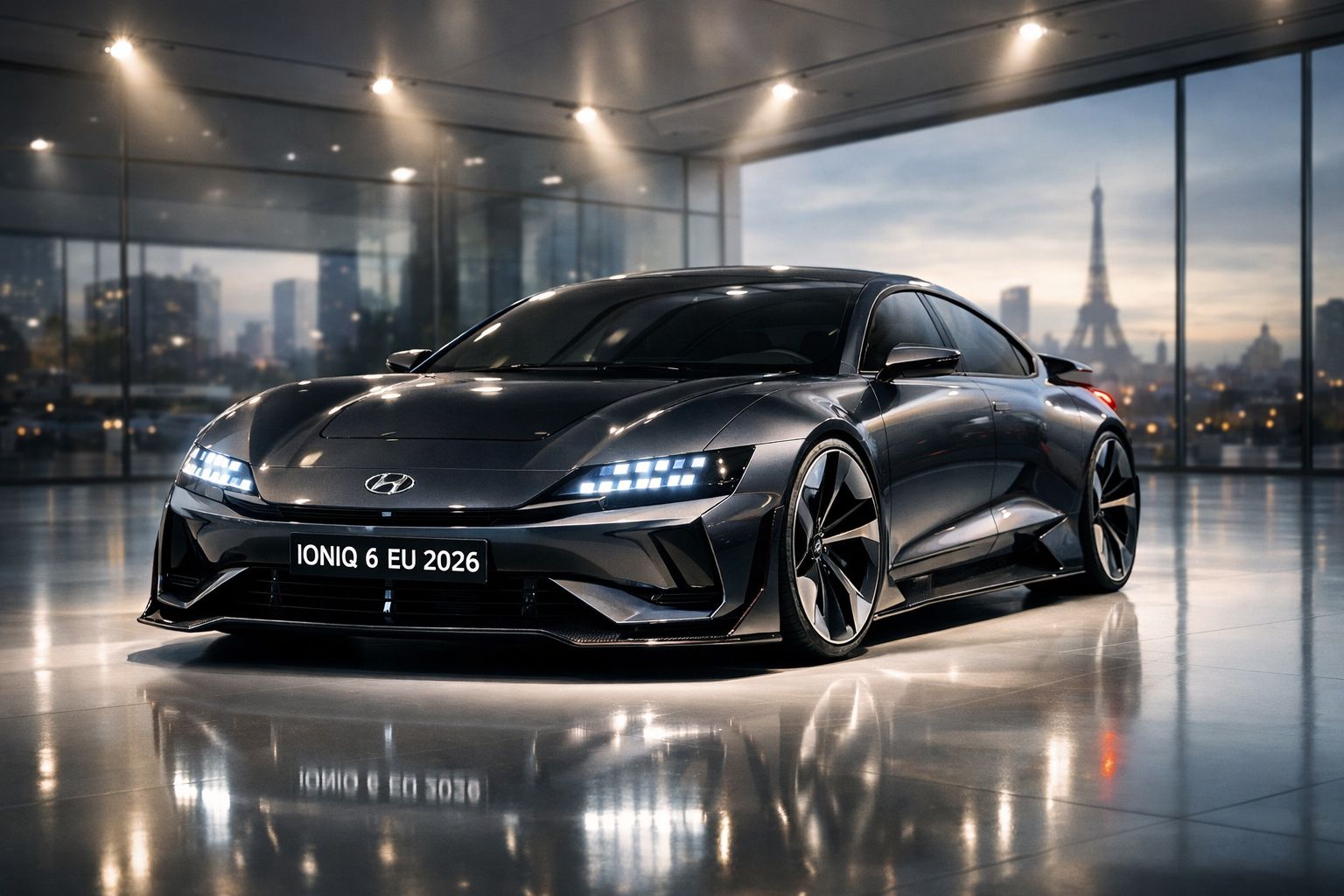 Carro esportivo Hyundai Ioniq 6 preto estacionado em ambiente moderno com Torre Eiffel ao fundo.