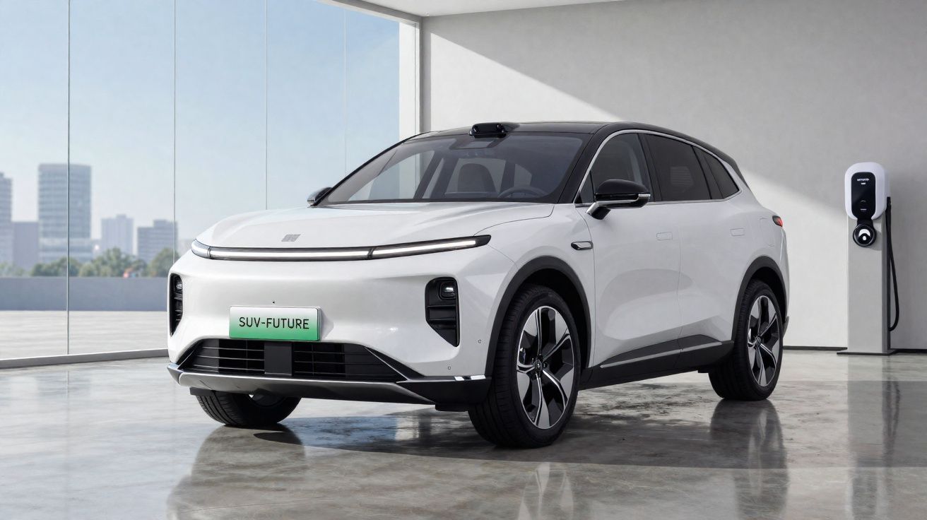 Carro elétrico SUV branco estacionado em ambiente interno moderno, próximo a estação de recarga.