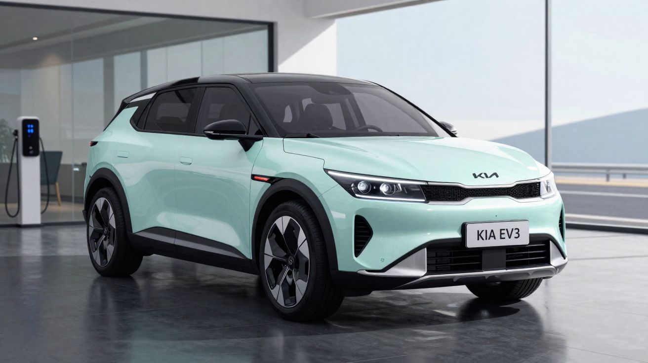Carro elétrico Kia EV3 verde-água estacionado em área interna moderna com estação de recarga ao fundo.