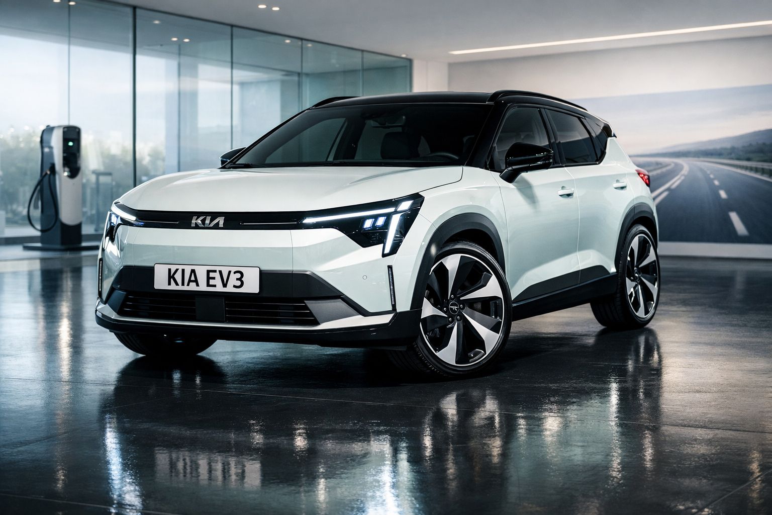 Carro elétrico Kia EV3 branco exibido em ambiente interno moderno com estação de carregamento ao fundo.