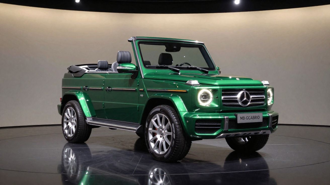 Carro conversível verde Mercedes-Benz G-Class estacionado em ambiente fechado com luzes no teto.