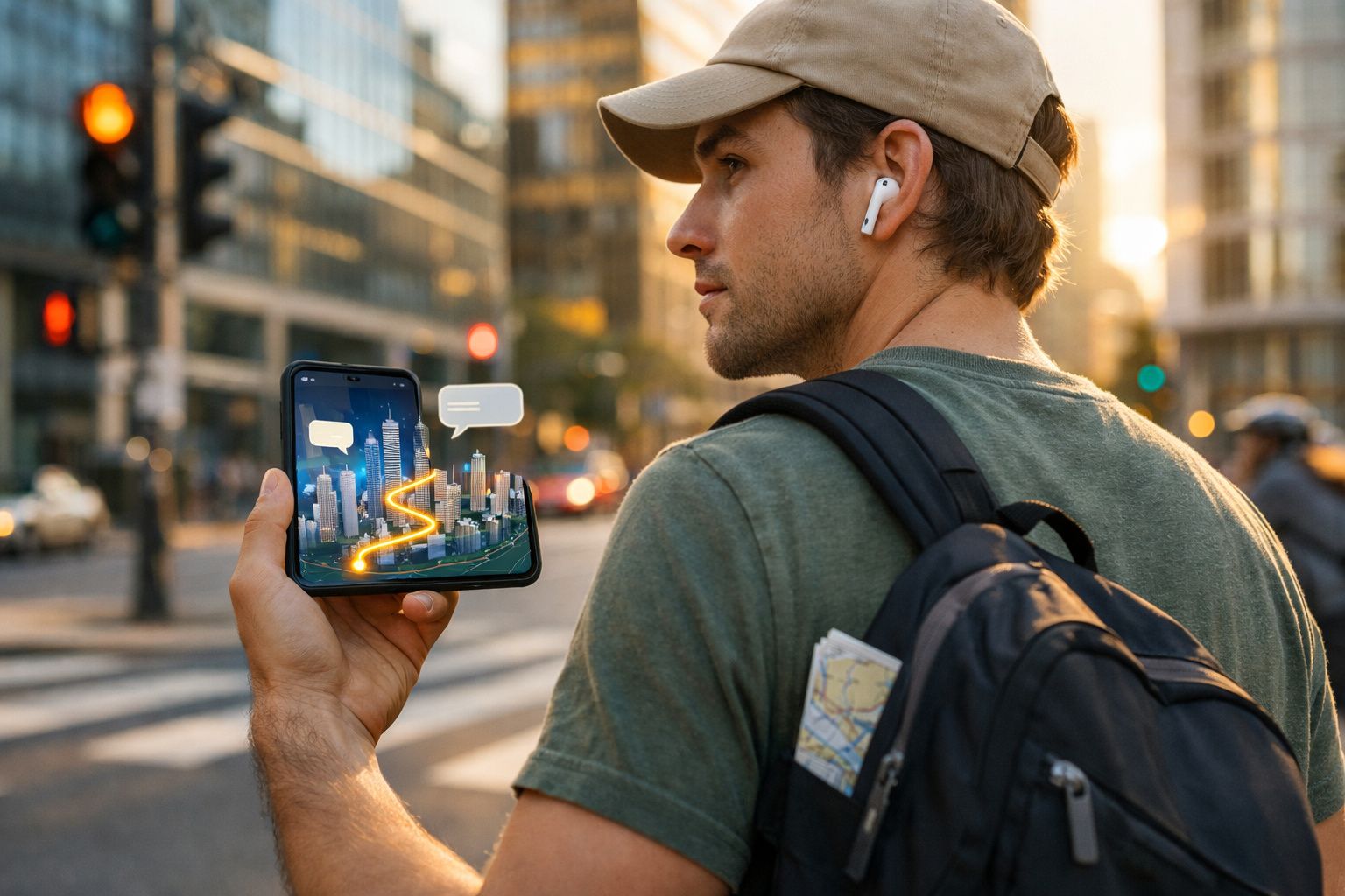 Homem com boné e mochila usando celular com aplicativo de realidade aumentada nas ruas da cidade.